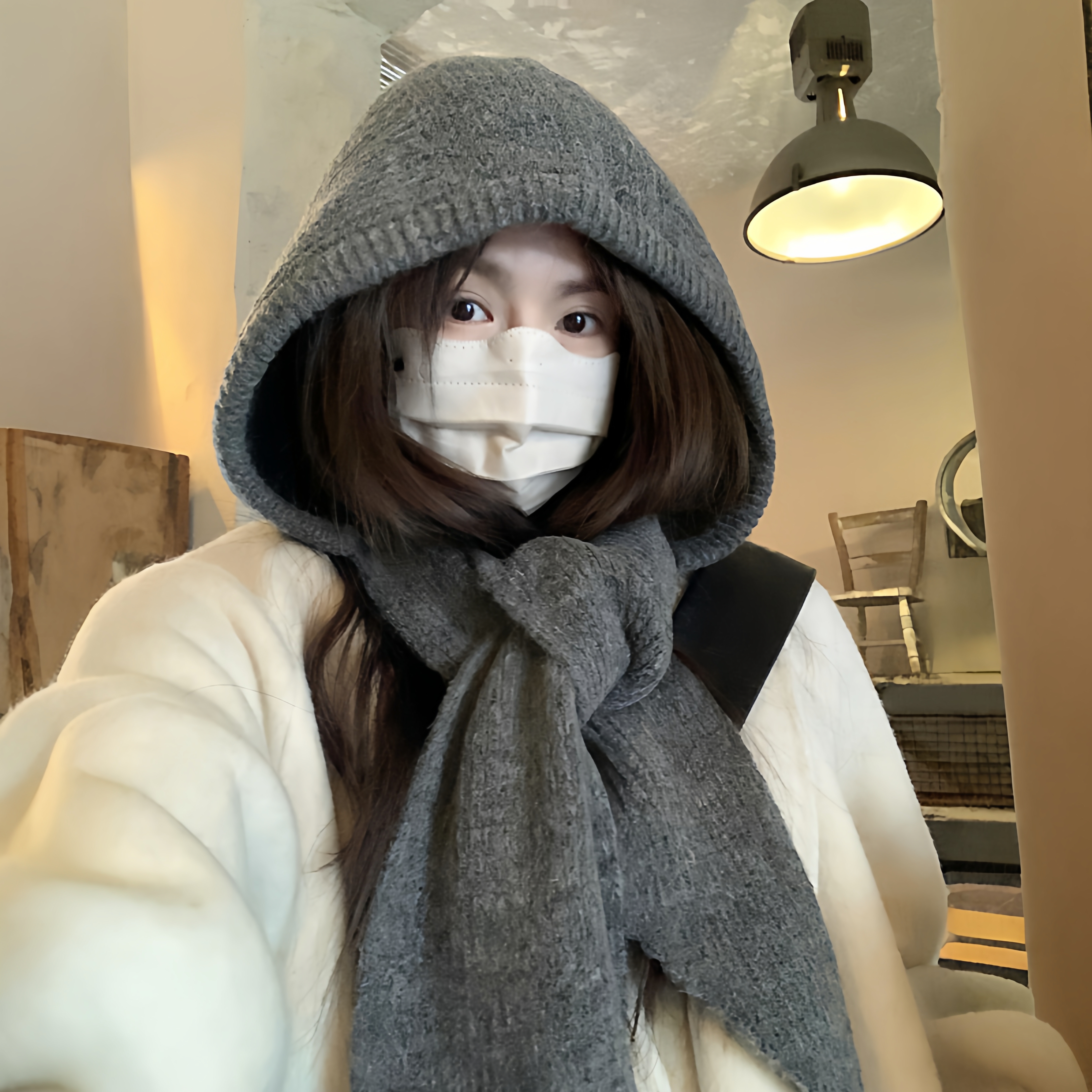 尊不错克拉法帽灰色毛线帽可爱帽子围巾一体针织帽显脸小2025新款