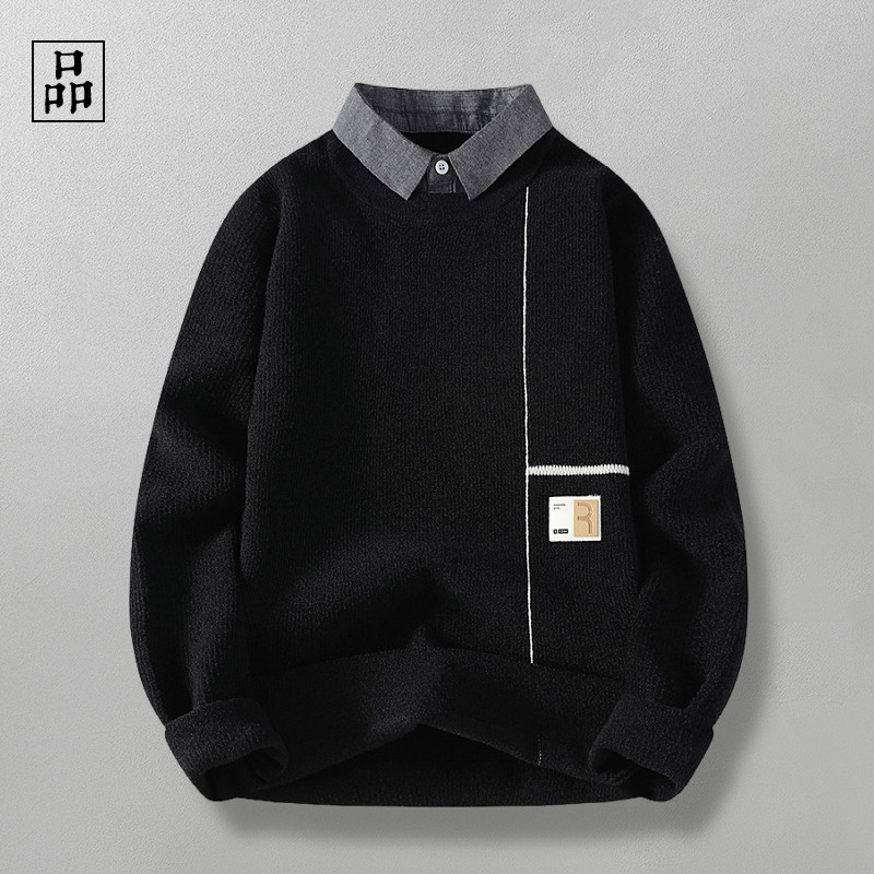 文艺假两件！个性休闲！秋季日系复古舒适百搭衬衫领针织男毛衣