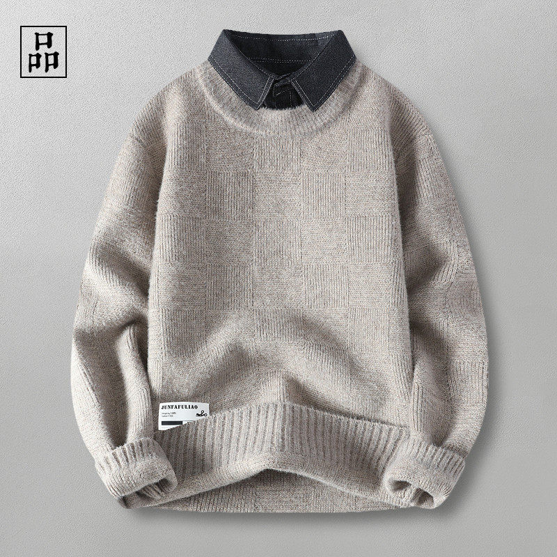 帅气假两件！温暖舒适！秋日复古格纹高端衬衫领打底针织男毛衣,男装,秀禾服,淘宝优惠券,粉丝福利购,淘宝优惠卷