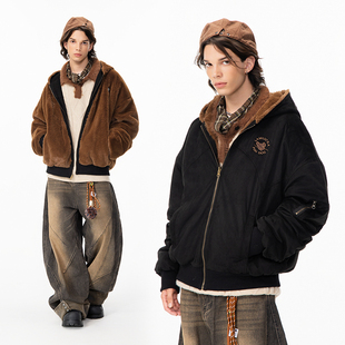 LAMLICKA双面穿美式飞行员夹克男秋冬复古宽松座山雕连帽外套女