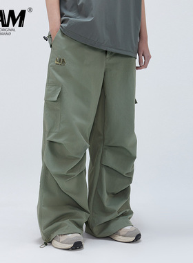 LAMLICKA LAM绿色复古宽松多口袋工装伞兵裤男阔腿梭织运动长裤秋