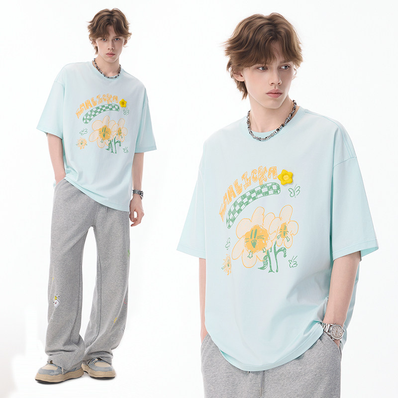 张呈同款LAMLICKA潮牌花卉凉感短袖t恤男夏季新款圆领宽松上衣女