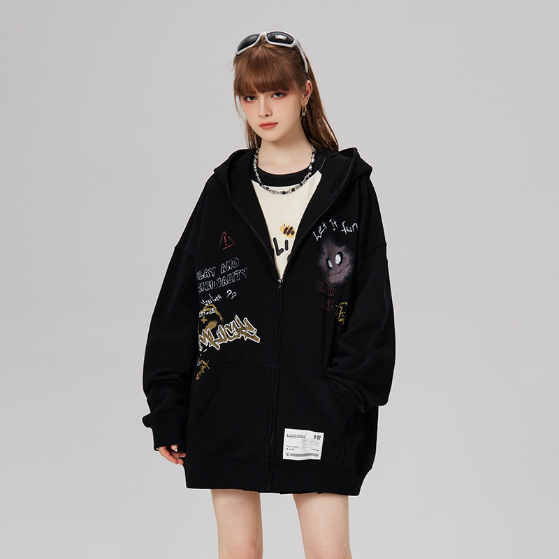 LAMLICKA黑色涂鸦开衫印花卫衣女秋季街头潮牌中性风拉链连帽上衣