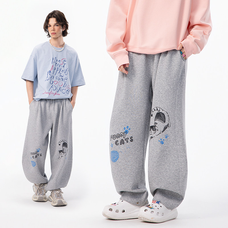 LAMLICKA灰色空气层美式弯刀裤男秋季新款潮牌宽松阔腿休闲卫裤女,男装,休闲裤,淘宝优惠券,粉丝福利购,淘宝优惠卷