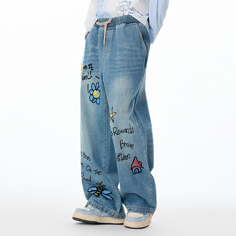 LAMLICKA蓝色做旧水洗直筒牛仔裤男秋冬潮牌复古垂感宽松阔腿长裤,男装,牛仔裤,淘宝优惠券,粉丝福利购,淘宝优惠卷