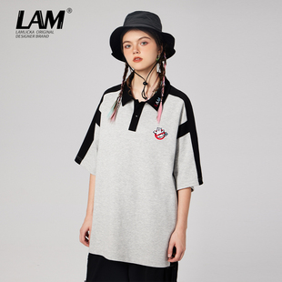 撞色拼接上衣宽松 LAMLICKA&艾德蒙联名刺绣短袖 POLO衫 男夏季 新款