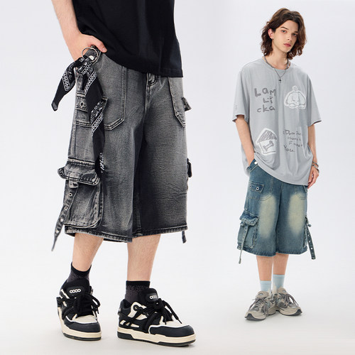 LAMLICKA水洗做旧工装牛仔七分裤