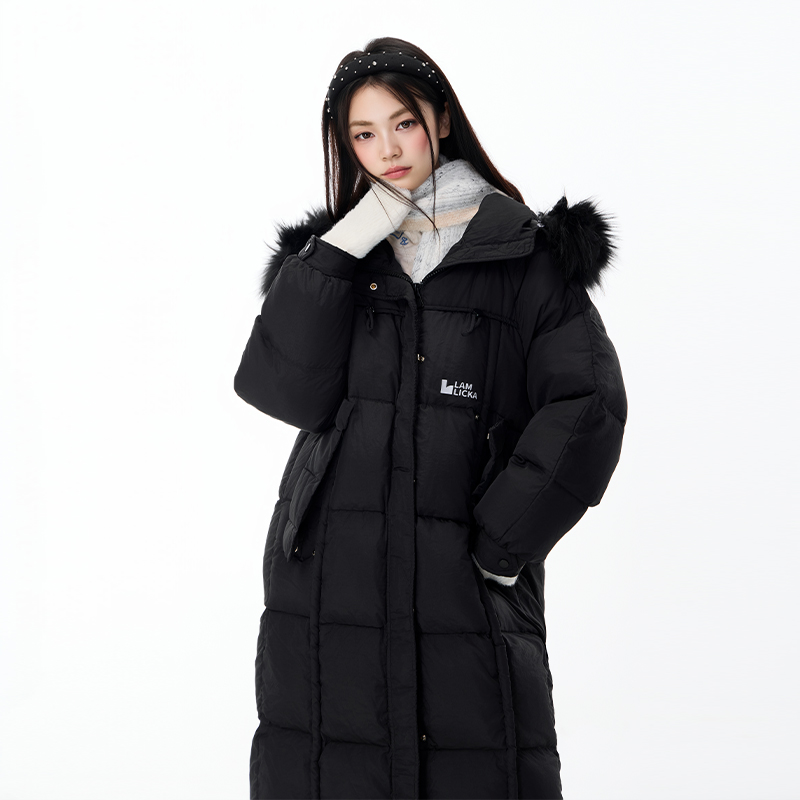 LAMLICKA白色长款毛领连帽羽绒服女冬季宽松保暖防寒面包服外套
