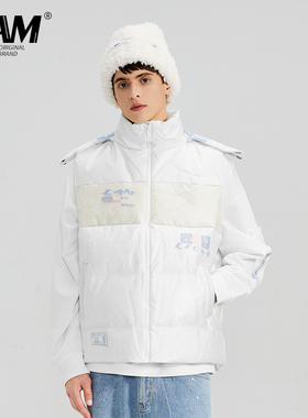 LAMLICKA LAM国潮白色冬季小熊连帽羽绒马甲加厚保暖无袖大码外套