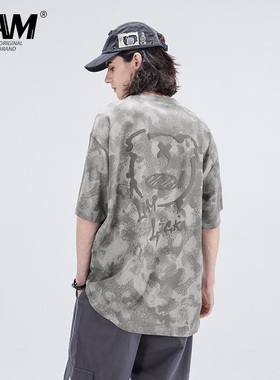 LAMLICKA灰色迷彩宽松字母印花短袖T恤男潮oversize潮牌情侣半袖