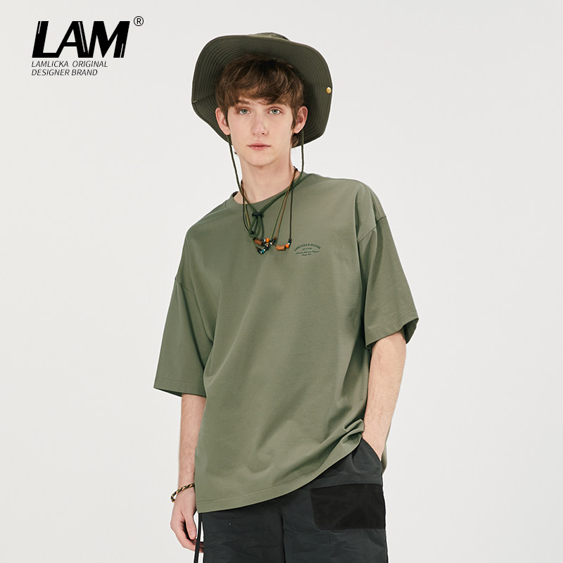 Lamlicka美式复古潮牌绿色重磅字母短袖T恤男夏季宽松情侣装半袖