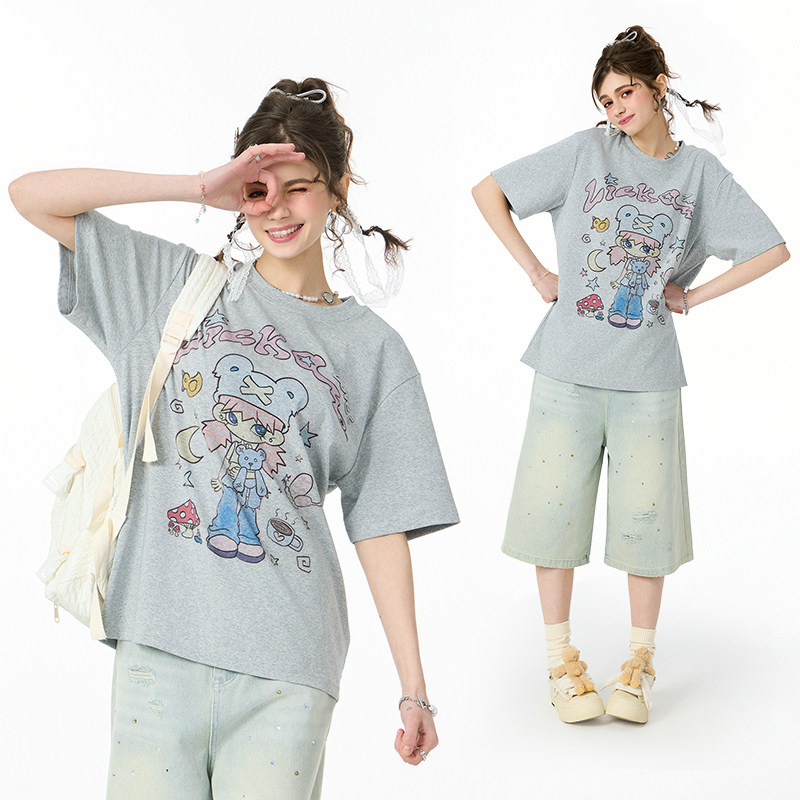 LICKA GIRL夏日宽松短袖t恤女2025时尚百搭卡通印花薄款灰色上衣