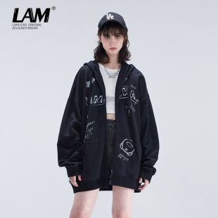 LAMLICKA加绒加厚开衫 拉链卫衣小熊印花oversize宽松秋冬外套女潮