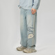 潮牌浅色复古水洗休闲直筒长裤 LAMLICKA小狗贴布拼接牛仔裤 男新款