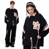 翻领polo衫 复古宽松长袖 女 美式 LAMLICKA潮牌拼接半拉链卫衣男春季