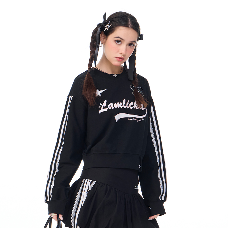 LAMLICKA美式复古字母印花圆领卫衣女蕾丝拼接运动风街头长袖上衣