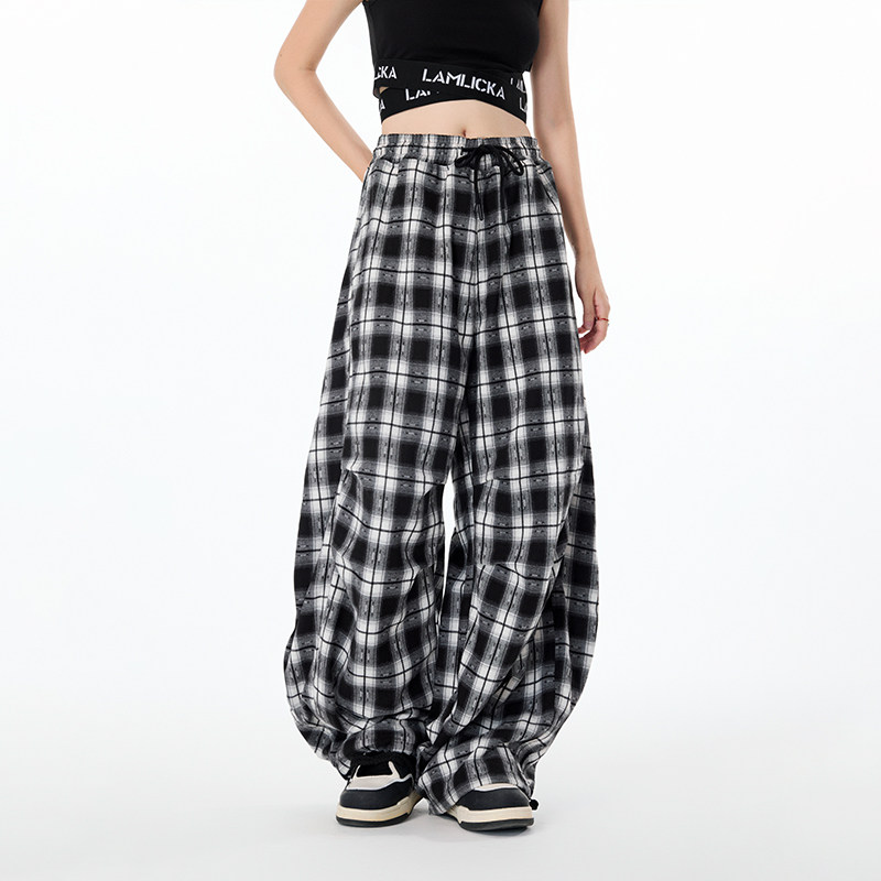LAMLICKA复古黑白格子弯刀裤男秋季潮牌美式直筒宽松阔腿休闲裤女,男装,休闲裤,淘宝优惠券,粉丝福利购,淘宝优惠卷