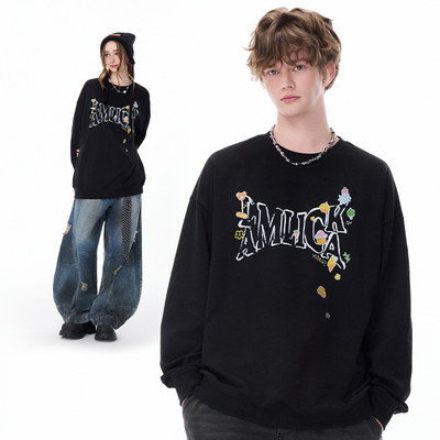 LAMLICKA黑色宽松圆领套头卫衣