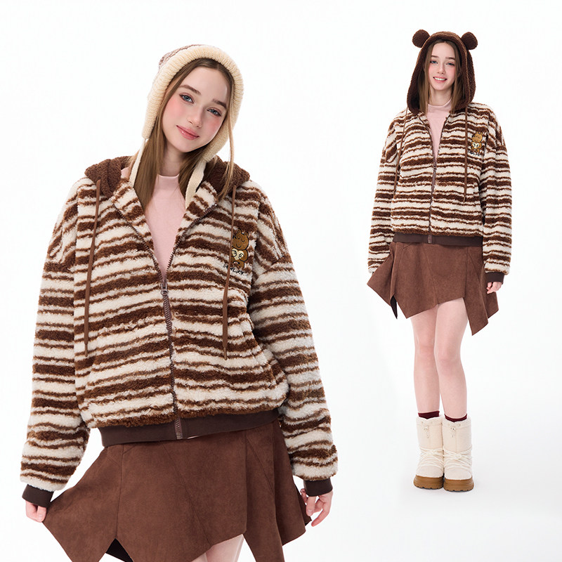 LAMLICKA棕色条纹加厚短款羊羔毛外套女冬季宽松摇粒绒连帽夹克男,男装,夹克,淘宝优惠券,粉丝福利购,淘宝优惠卷