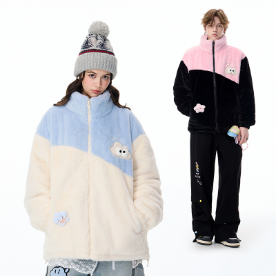 LAMLICKA黑色撞色立领羊羔毛外套