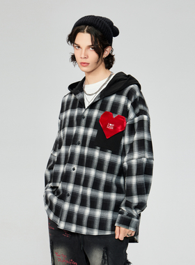 LAMLICKA可拆黑色袖格子衬衫男春秋美式百搭设计感宽松连帽衬衣女