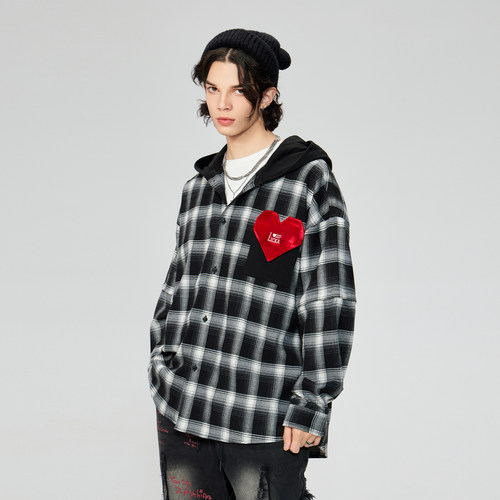 LAMLICKA可拆长袖黑色格子衬衫