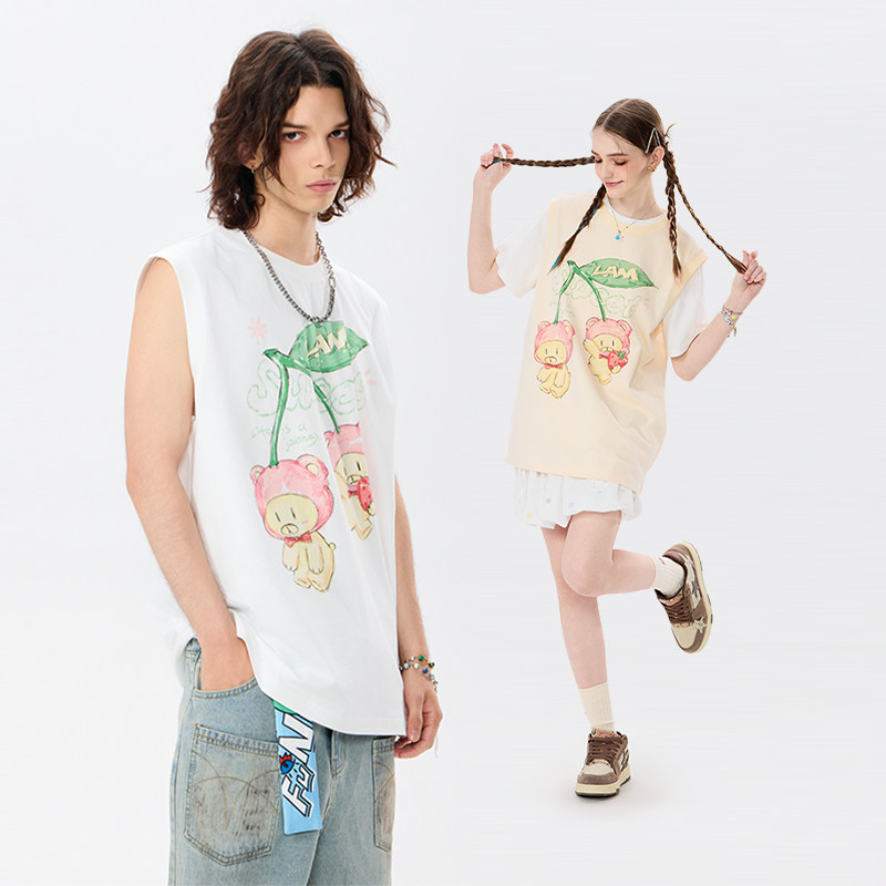 LAMLICKA樱桃小熊坎肩背心女夏季潮牌美式纯棉宽松白色无袖t恤男,男装,背心,淘宝优惠券,粉丝福利购,淘宝优惠卷
