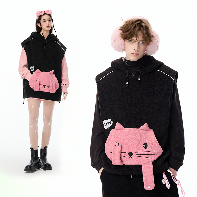 LAMLICKA黑色小猫羊羔毛马甲