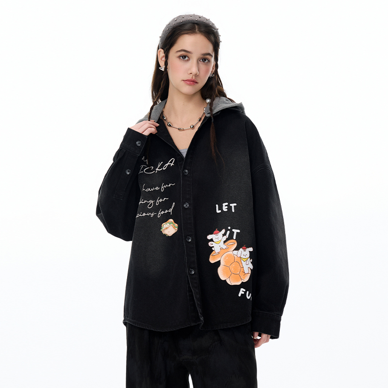 LAMLICKA黑色复古连帽牛仔外套