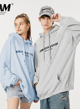 LAMLICKA美式灰色插肩袖连帽卫衣男秋大码休闲街头情侣潮帽衫宽松