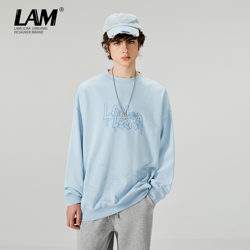 LAMLICKA春秋字母印花圆领卫衣男潮牌宽松套头休闲情侣长袖女上衣