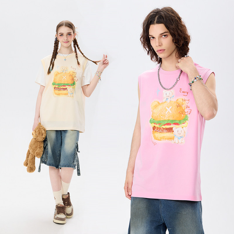 LAMLICKA汉堡坎肩背心女夏季宽松潮牌美式无袖纯棉杏色外穿t恤男,男装,背心,淘宝优惠券,粉丝福利购,淘宝优惠卷