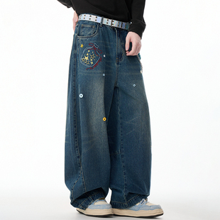 男秋冬潮牌复古宽松阔腿休闲长裤 LAMLICKA蓝色美式 水洗弯刀牛仔裤