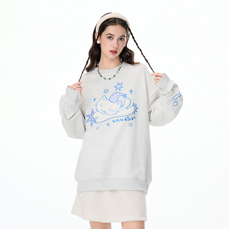 LAMLICKA拉姆熊小猫贴布绣男女同款长袖卫衣潮牌情侣休闲打底上衣