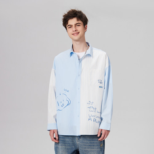 LAMLICKA蓝色拼接翻领薄款衬衫