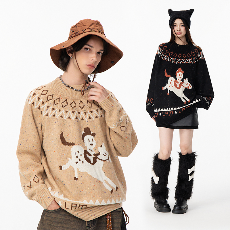 LAMLICKA费尔岛卡通印花圆领毛衣