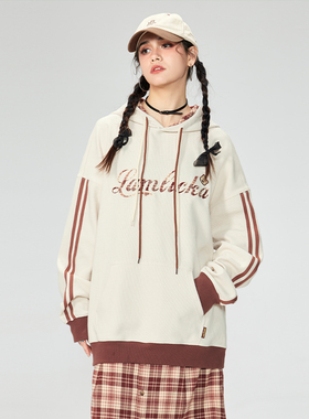 LAMLICKA美式复古格子连帽卫衣春新款oversize中性风撞色上衣宽松