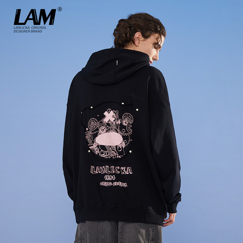 LAMLICKA春秋小熊印花百搭连帽衫男2024新款潮牌宽松情侣套头卫衣