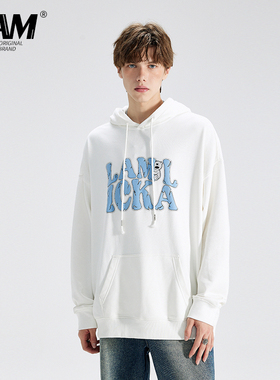 LAMLICKA lam美式复古字母印花抽绳连帽卫衣男潮oversize廓形外套