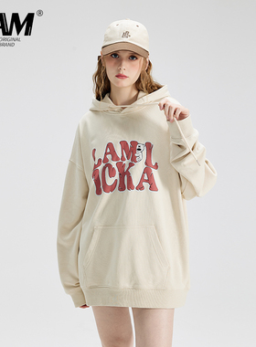 LAMLICKA LAM美式字母印花杏色连帽卫衣男女潮牌宽松情侣早秋上衣