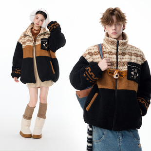 LAMLICKA费尔岛羊羔毛撞色夹克男秋冬加厚潮牌宽松立领摇粒绒外套