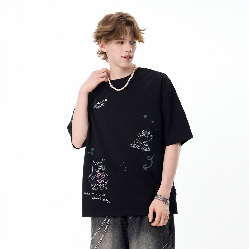 LAMLICKA潮牌小怪兽纯棉圆领短袖t恤男夏季宽松慵懒风白色上衣女