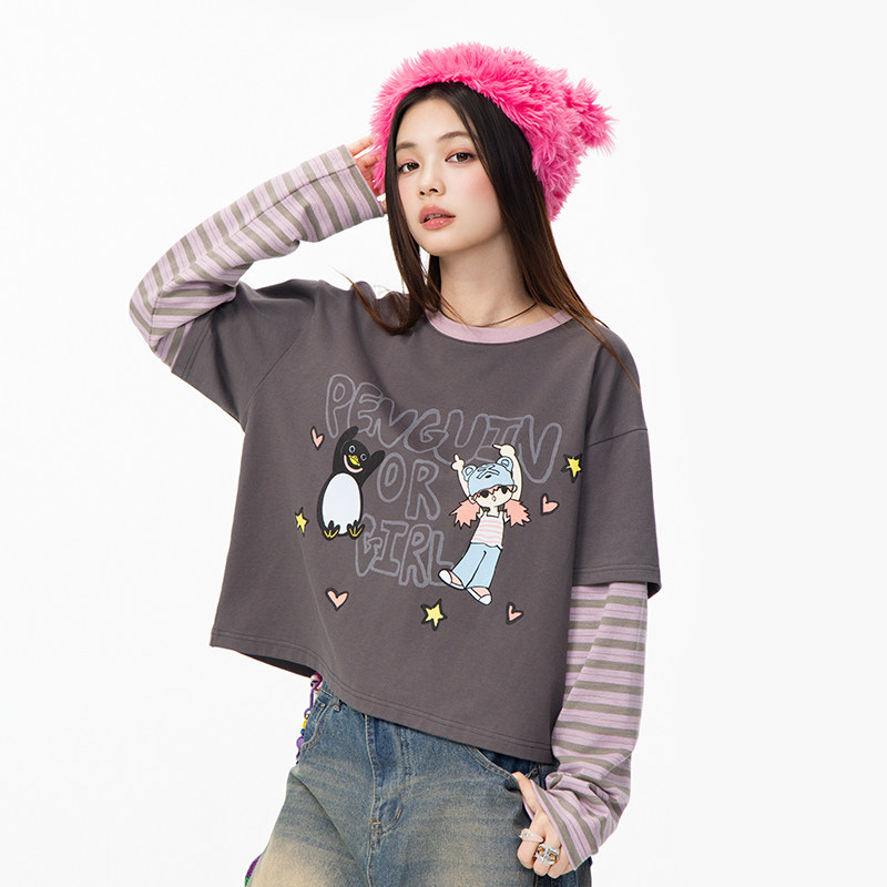 LICKA小女孩印花短款假两件t恤