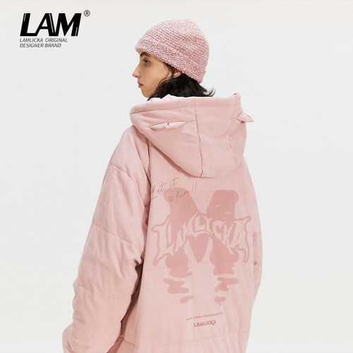 lamlicka美式复古廓形连帽棉服