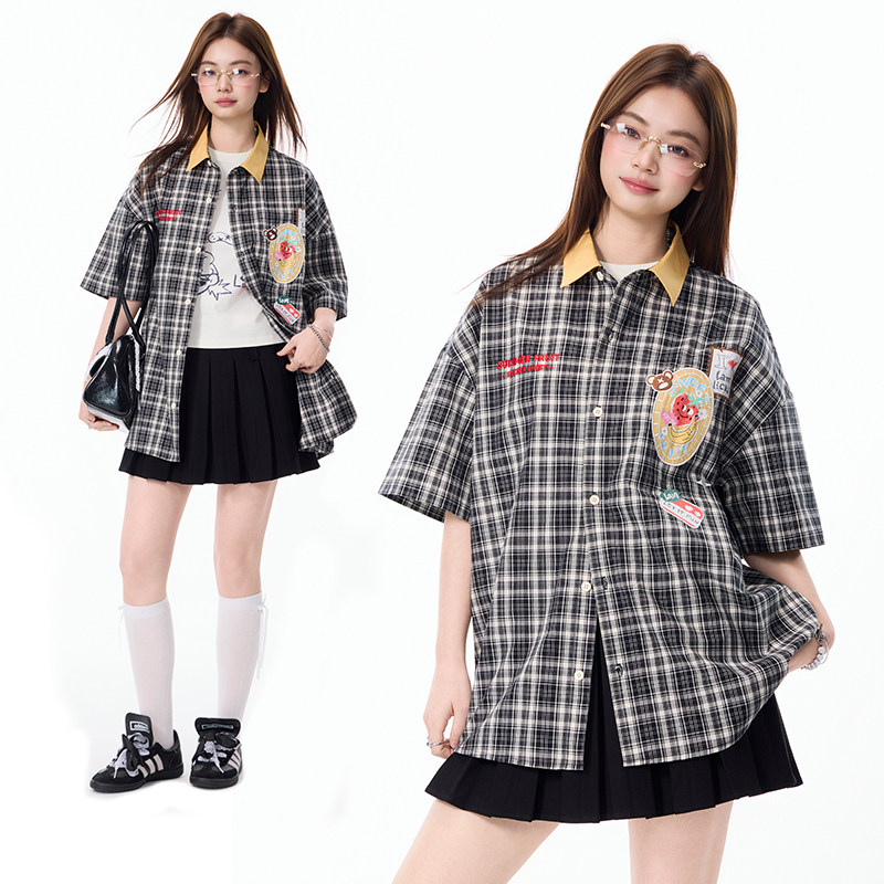 LAMLICKA美式黑白格子翻领短袖衬衫男夏季宽松纯棉休闲衬衣外套女