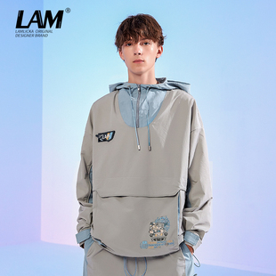 LAMLICKA秋冬兔子印花廓形拼接防风衣男潮牌宽松休闲梭织套头帽衫