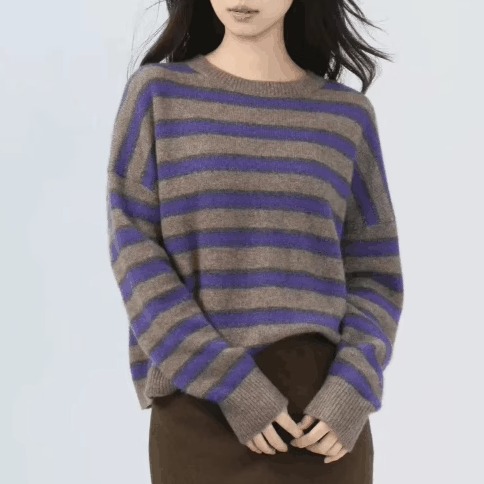 撞色条纹慵懒风经典圆领针织衫女