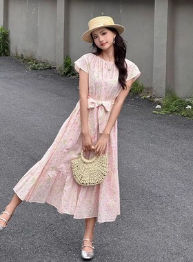 AMA{专柜阿玛家}商场同款时尚百搭圆领印花小飞袖连衣裙女5500533