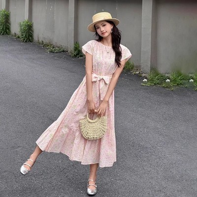 AMA{专柜阿玛家}商场同款时尚百搭圆领印花小飞袖连衣裙女5500533