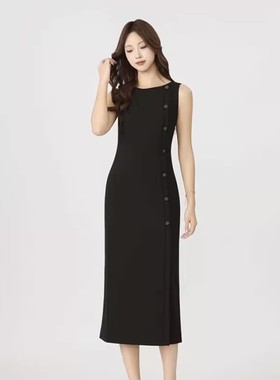 AMAS{专柜哥家}商场同款单排扣显瘦开叉无袖小黑裙连衣裙女150035